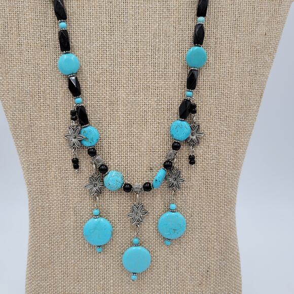 Womens Turquoise Necklace 18" Black Silver Beaded Collar Statement Jewlery - Picture 4 of 8